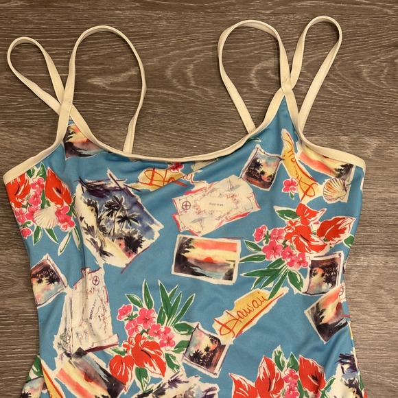 VTG 90s Hawaii Postcard Print One Piece Swimsuit Blue Tropical Floral Small - Picture 3 of 12